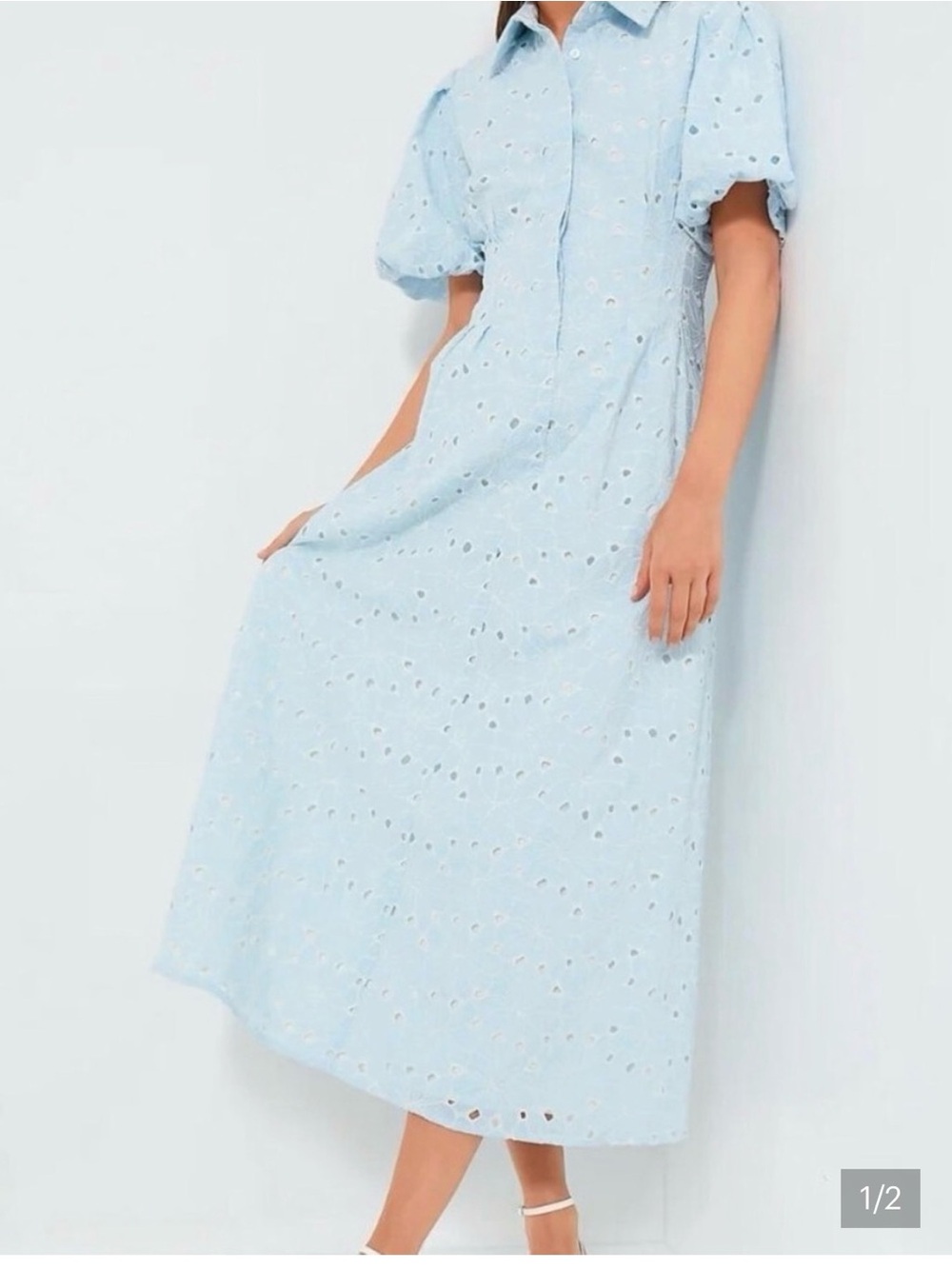 Tuckernuck blue Delaney  Blue Eyelet Puff-Sleeve Midi Dress